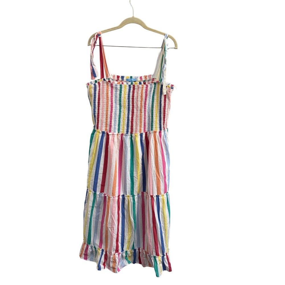 Draper James RSVP Rainbow Stripe Smocked Midi Dress XXL Multi Color Tie Shoulder